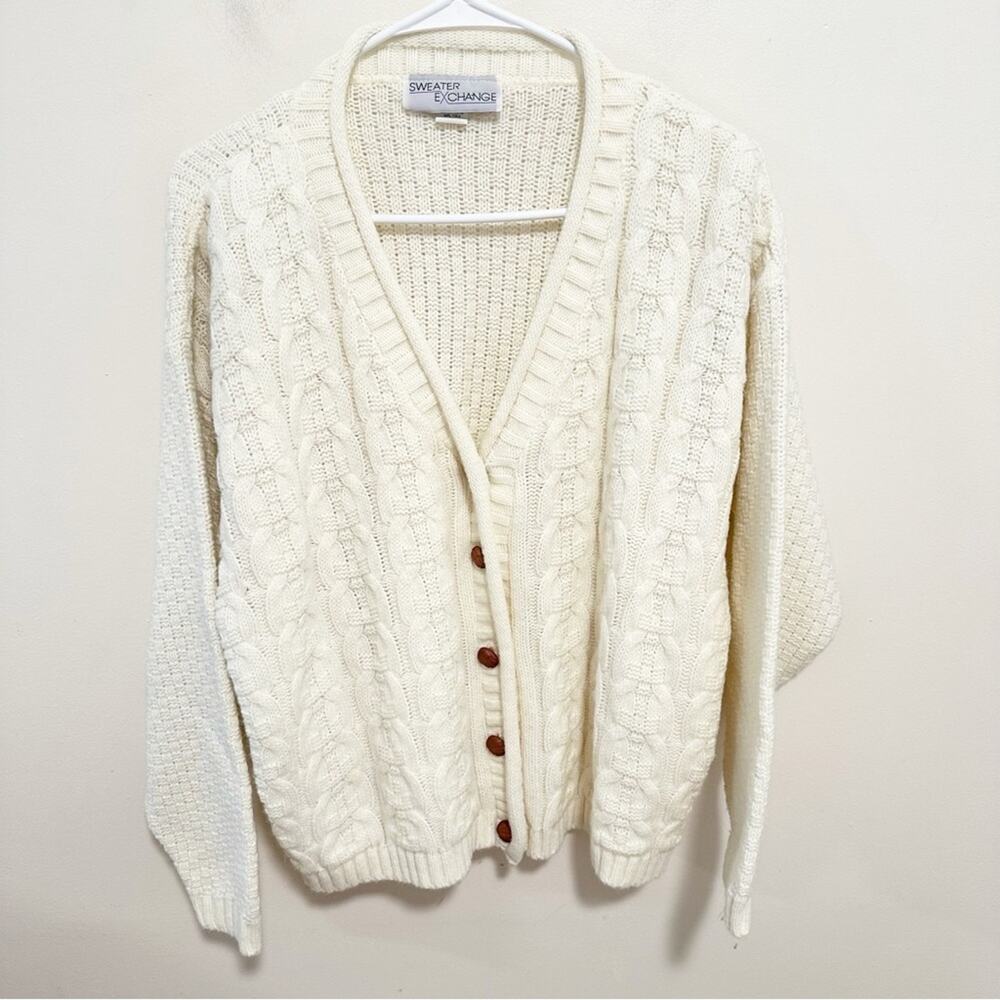 Vintage 90s Fisherman Cable Knit Cardigan - Sweater Exchange - Cream Ivory - Lar